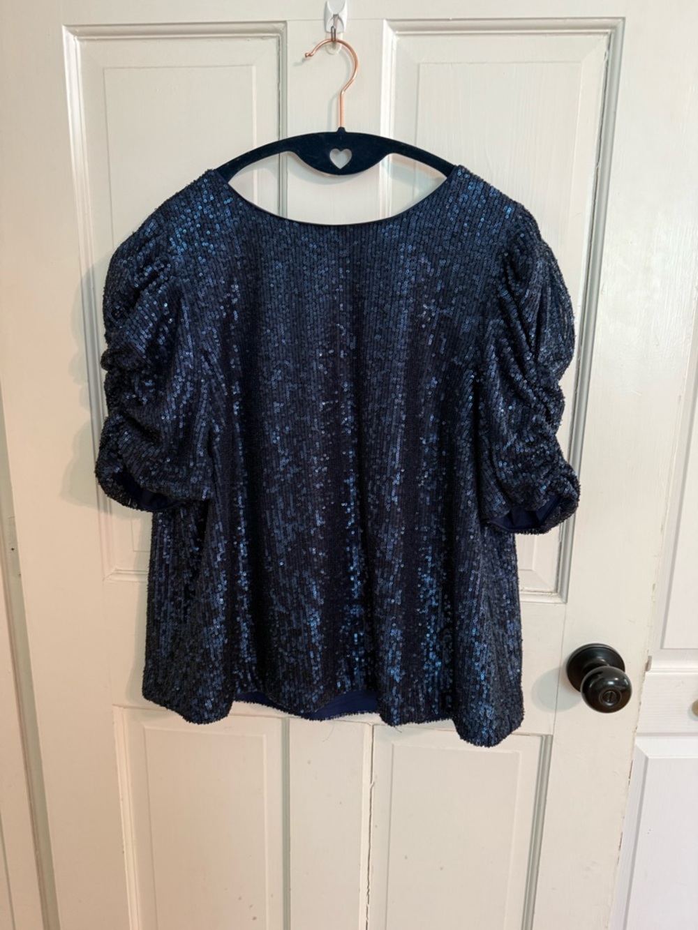 Anthropologie Navy Sequin Puff Sleeve Blouse Size 12 Party Holiday Cocktail Top